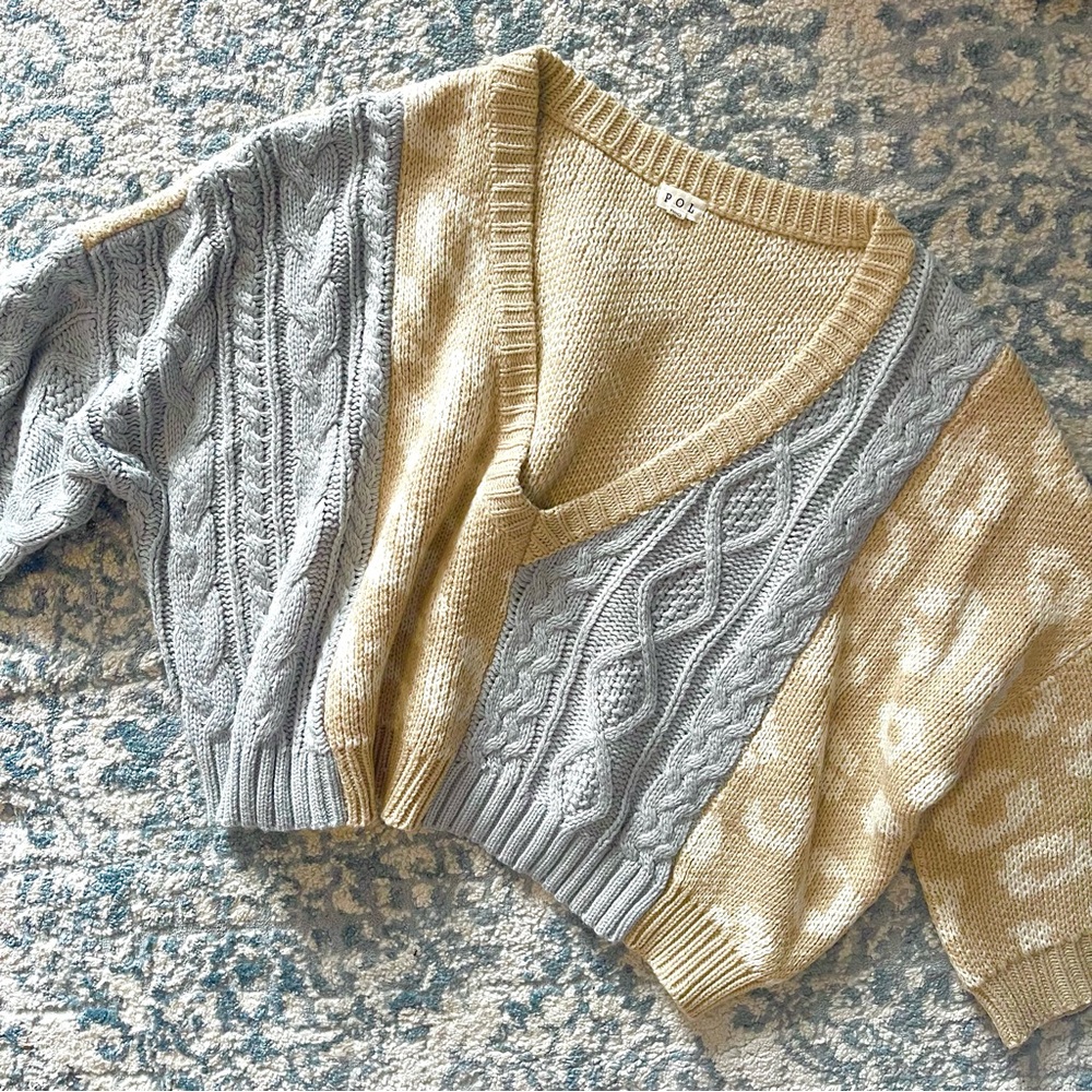 Tan Leopard Print and Dusky Blue Off the Shoulder Sweater